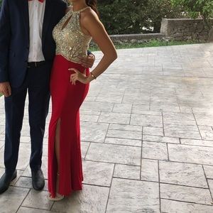 Long red and nude evening gown